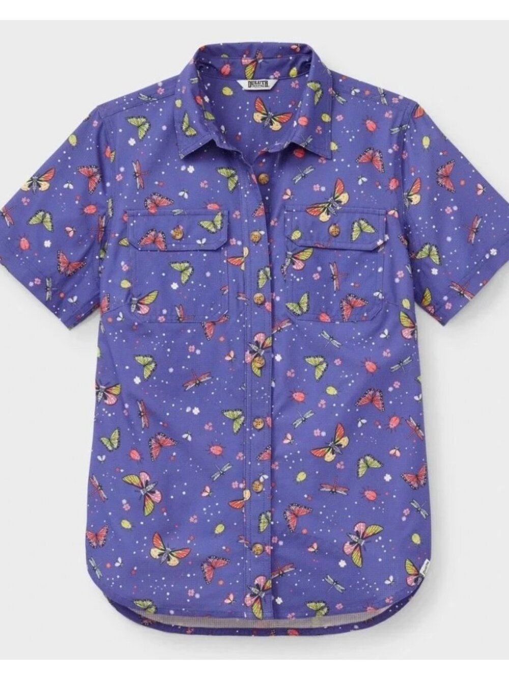 Duluth Trading Co Purple Butterfly Bug Print Short Sleeve Shirt